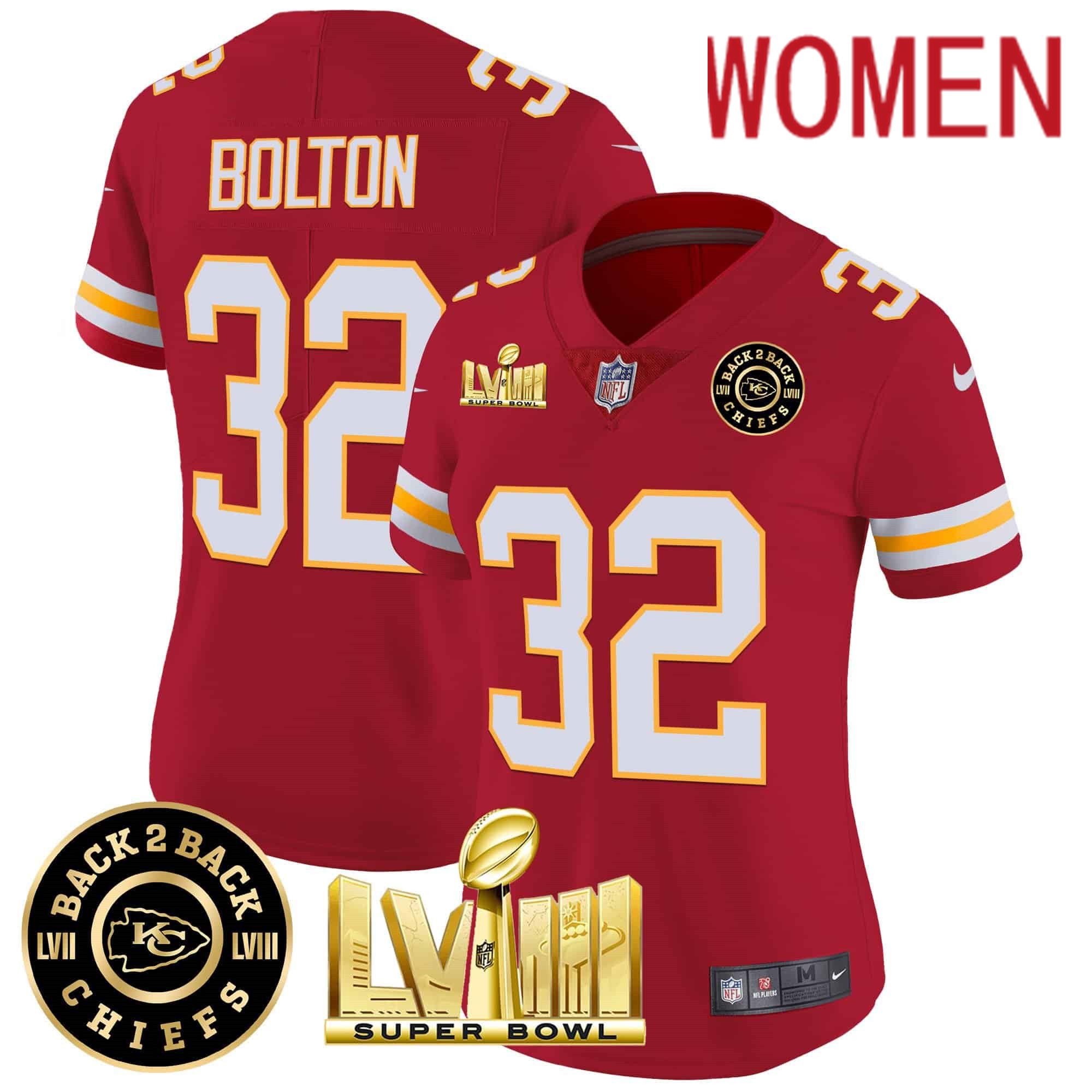 Women Kansas City Chiefs #32 Bolton Red 2024 Nike Super Bowl LVIII & Back-2-Back Patch Vapor NFL Jersey style 3